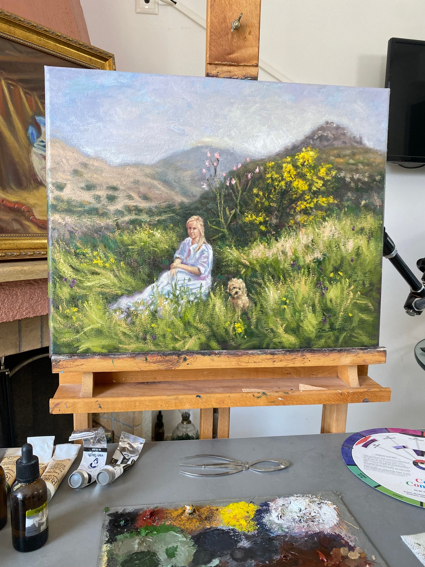 Original Painting: Lady and Her Poodle in Aegina Springtime