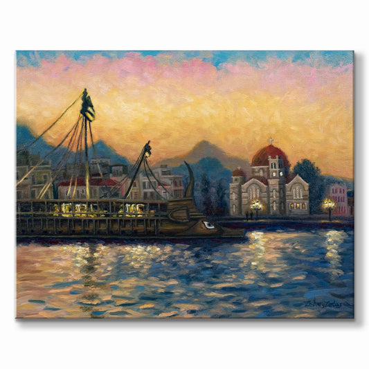 Original Painting: Athenian Trireme Olympias in Aegina Port