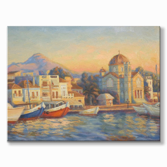 Original Painting: Port of Aegina During Golden Hour