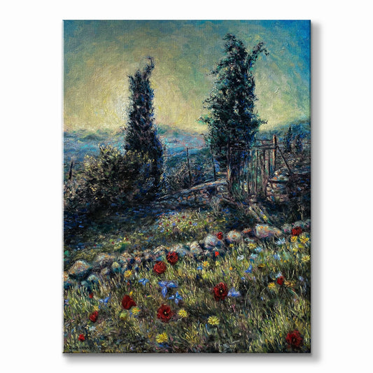 Original Painting: Two Cypresses with Spring Wildflowers in Tzikides Aegina