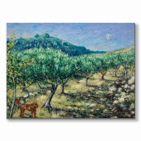 Original Painting: Walking in the Olive Grove with Toby in Tzikides Aegina