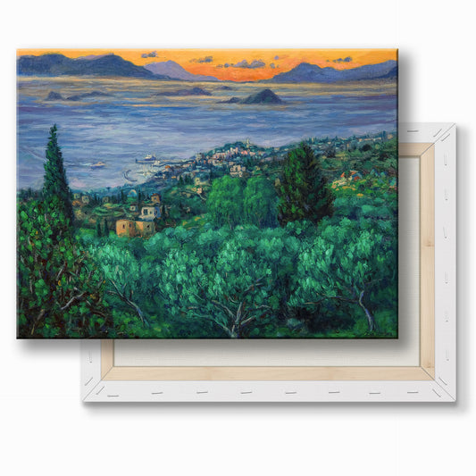 Εκτύπωση σε καμβά: Ανατολή με θέα την πόλη της Αίγινας
