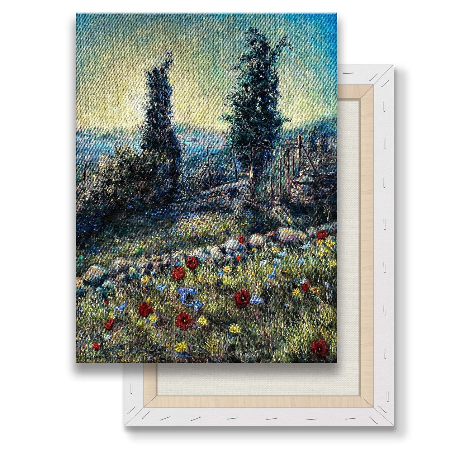 Canvas Print: Two Cypresses with Spring Wildflowers