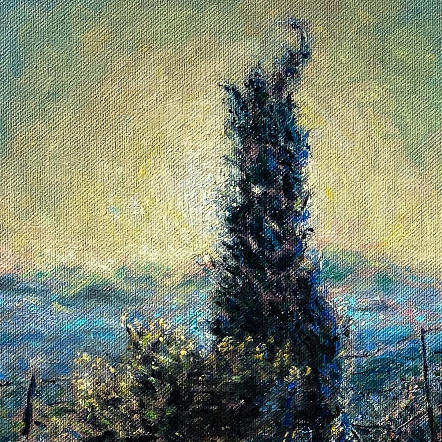 Canvas Print: Two Cypresses with Spring Wildflowers