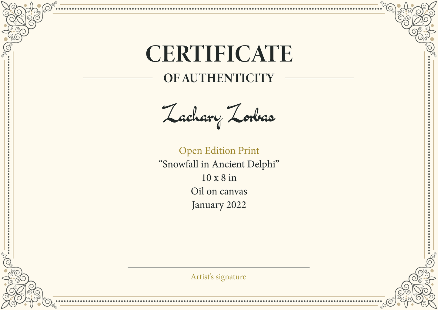 Art Print: Snowfall at the Temple of Apollo in Delphi