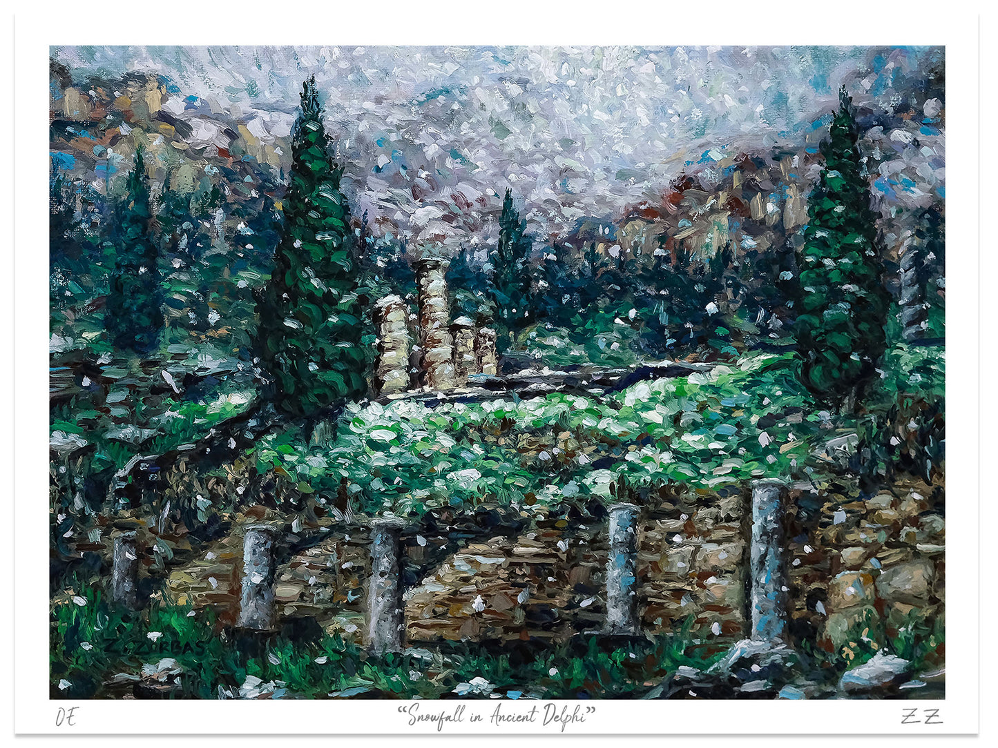 Art Print: Snowfall at the Temple of Apollo in Delphi