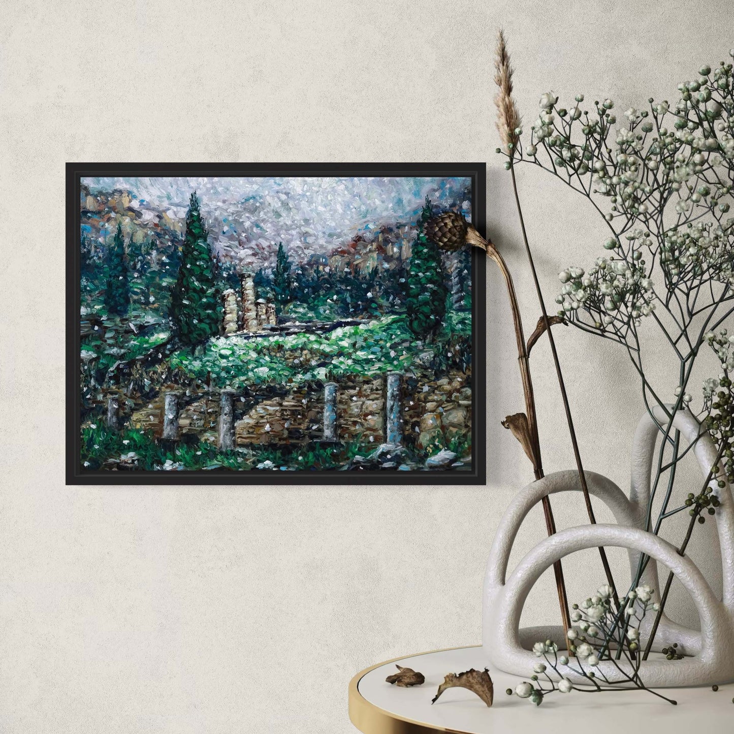 Art Print: Snowfall at the Temple of Apollo in Delphi