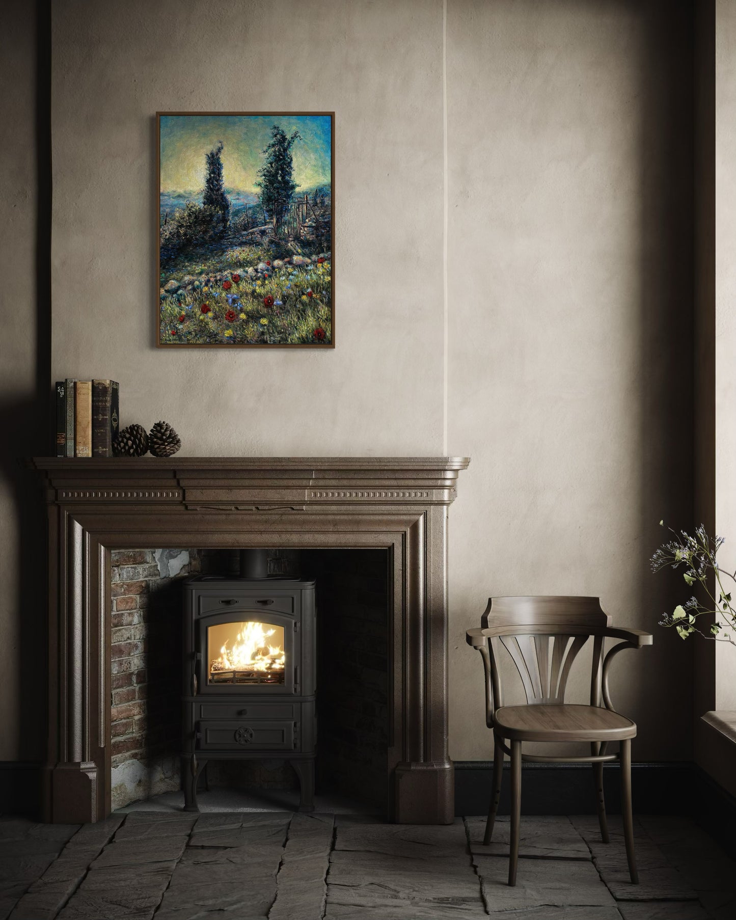 Canvas Print: Two Cypresses with Spring Wildflowers