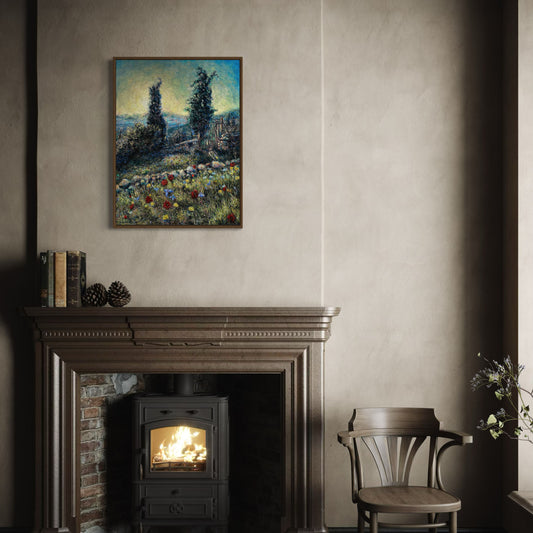 Original Painting: Two Cypresses with Spring Wildflowers in Tzikides Aegina