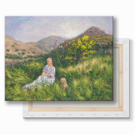Εκτύπωση σε καμβά: Κυρία και το κανίς της στην Αίγινα την άνοιξη