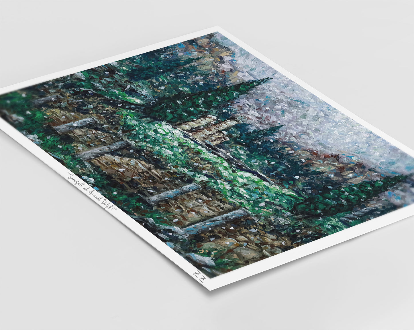 Art Print: Snowfall at the Temple of Apollo in Delphi