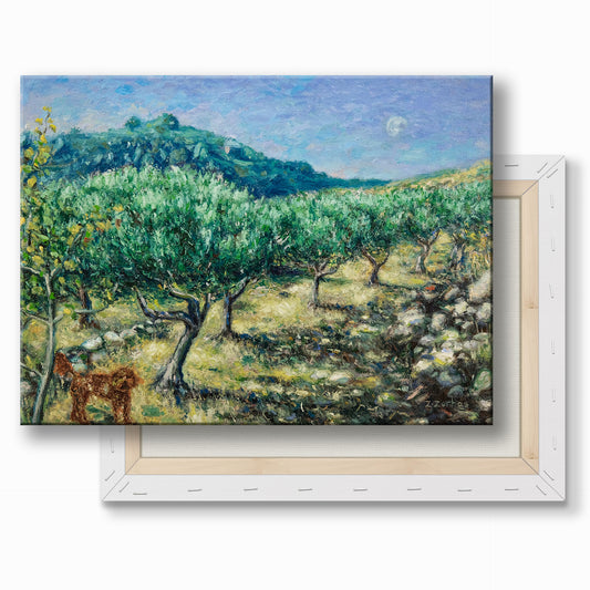 Canvas Print: Walking in the Olive Grove with Toby