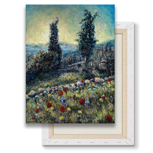 Canvas Print: Two Cypresses with Spring Wildflowers