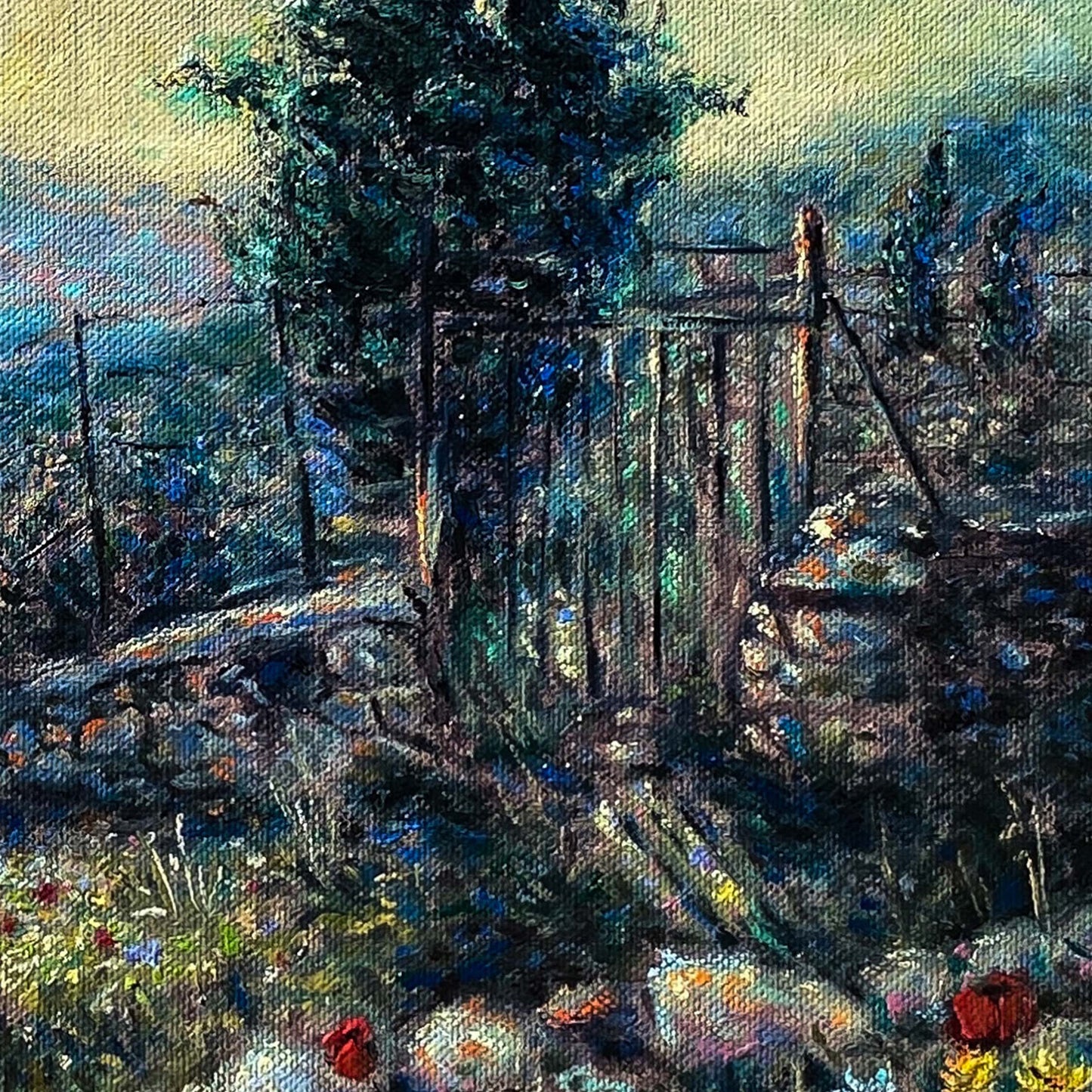 Canvas Print: Two Cypresses with Spring Wildflowers