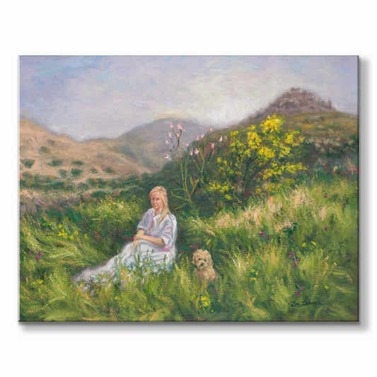 Original Painting: Lady and Her Poodle in Aegina Springtime